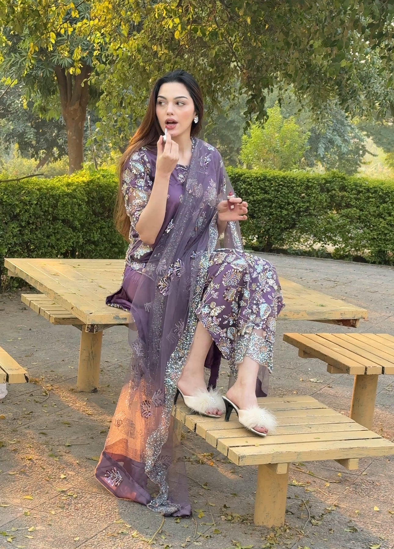 • Clothing: Embroidered/Printed suit for women - Made of best quality fabric - lawn or linen or chiffon - pure silk - Available at Najma Designs & Co. • Jewelry: Gold - plated stud earrings for