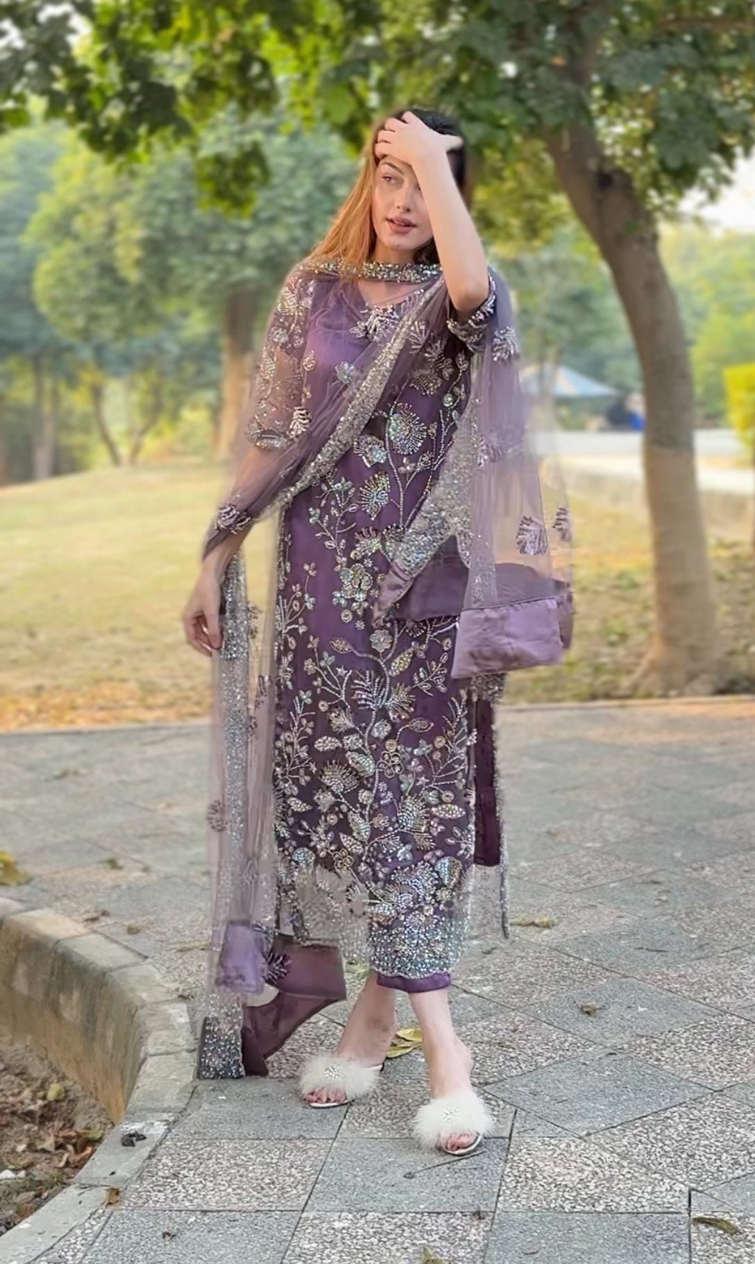 • Clothing: Embroidered/Printed suit for women - Made of best quality fabric - lawn or linen or chiffon - pure silk - Available at Najma Designs & Co. • Jewelry: Gold - plated stud earrings for