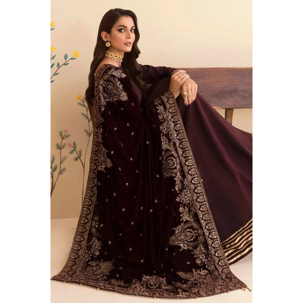 A velvet, fully embroidered dark maroon shawl, perfect for formal wear, is available at Najmadesigns and Co. Brand Jazmine Pk. 