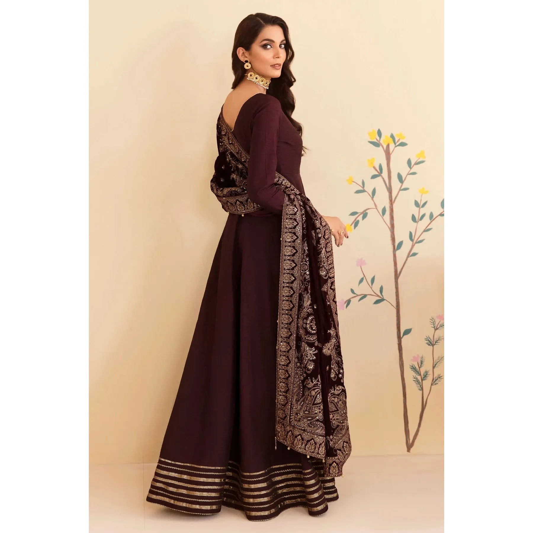 closeup of A velvet, fully embroidered dark maroon shawl, perfect for formal wear, is available at Najmadesigns and Co. Brand Jazmine Pk. 