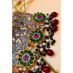 Emerald Bridal Jewelry Set with Tikka, Jhoomer Earrings, and Necklace, Embellished with Emerald, Ruby Stones, Pearl Motis, and Feroza Accents, Gold-Plated Brass, Perfect for Indian and Pakistani Brides, Adds Radiant Grace to Special Occasions, Ready to Ship"