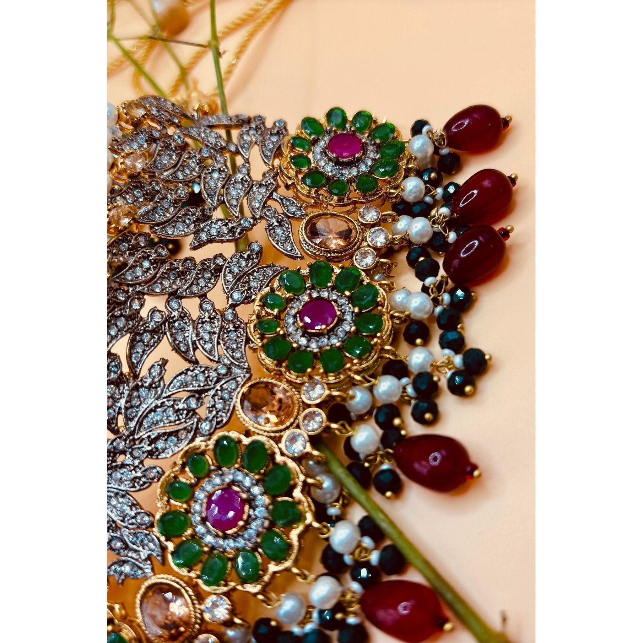 Emerald Bridal Jewelry Set with Tikka, Jhoomer Earrings, and Necklace, Embellished with Emerald, Ruby Stones, Pearl Motis, and Feroza Accents, Gold-Plated Brass, Perfect for Indian and Pakistani Brides, Adds Radiant Grace to Special Occasions, Ready to Ship"
