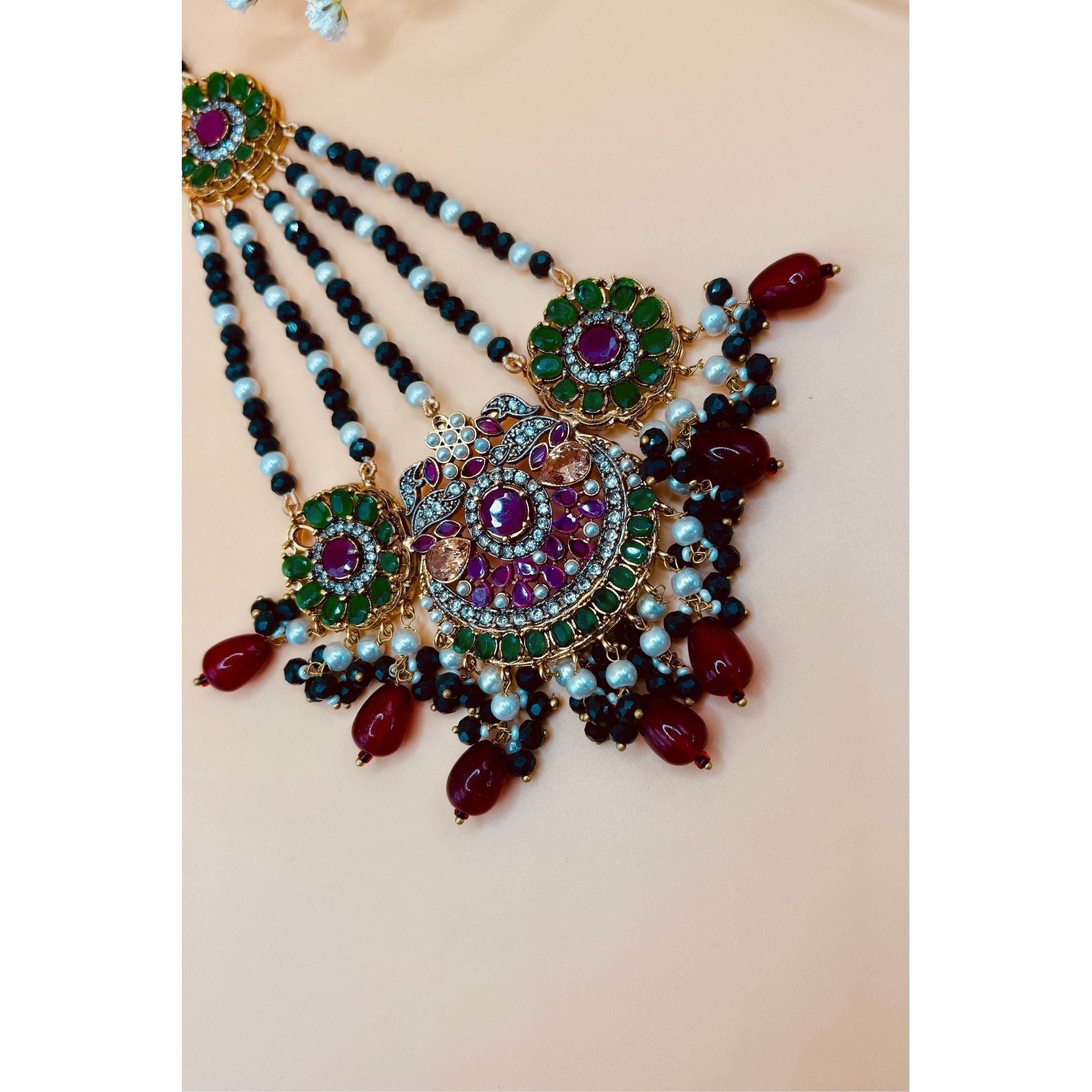 Emerald Bridal Jewelry Set with Tikka, Jhoomer Earrings, and Necklace, Embellished with Emerald, Ruby Stones, Pearl Motis, and Feroza Accents, Gold-Plated Brass, Perfect for Indian and Pakistani Brides, Adds Radiant Grace to Special Occasions, Ready to Ship"
