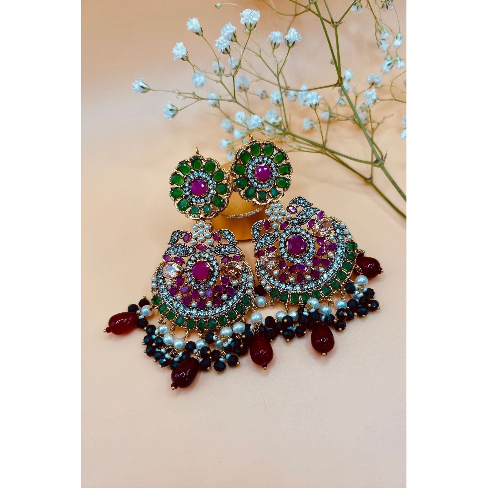 Emerald Bridal Jewelry Set with Tikka, Jhoomer Earrings, and Necklace, Embellished with Emerald, Ruby Stones, Pearl Motis, and Feroza Accents, Gold-Plated Brass, Perfect for Indian and Pakistani Brides, Adds Radiant Grace to Special Occasions, Ready to Ship"