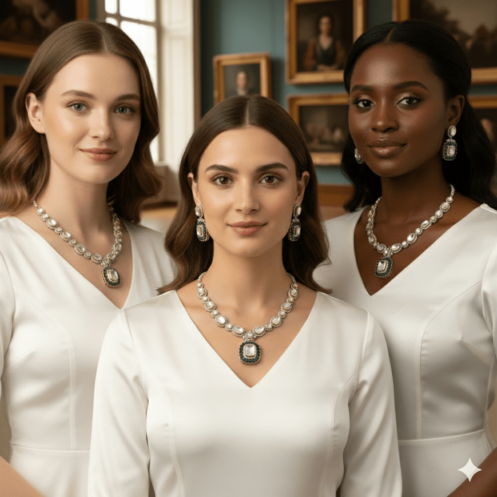 • Clothing: Embroidered/Printed suit for women - Made of best quality fabric - lawn or linen or chiffon - pure silk - Available at Najma Designs & Co. • Jewelry: Gold - plated stud earrings for