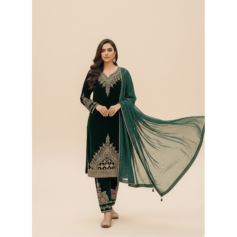 • Clothing: Embroidered/Printed suit for women - Made of best quality fabric - lawn or linen or chiffon - pure silk - Available at Najma Designs & Co. • Jewelry: Gold - plated stud earrings for