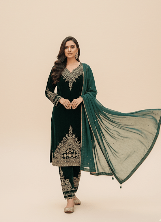 • Clothing: Embroidered/Printed suit for women - Made of best quality fabric - lawn or linen or chiffon - pure silk - Available at Najma Designs & Co. • Jewelry: Gold - plated stud earrings for