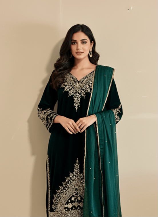 • Clothing: Embroidered/Printed suit for women - Made of best quality fabric - lawn or linen or chiffon - pure silk - Available at Najma Designs & Co. • Jewelry: Gold - plated stud earrings for