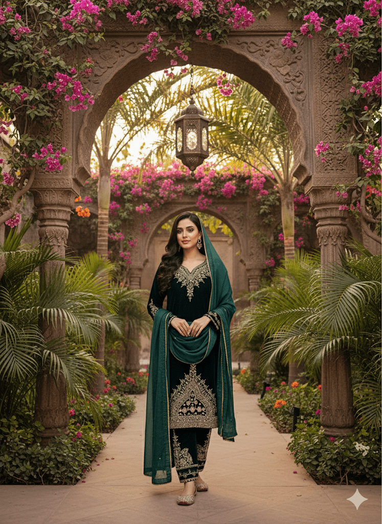 • Clothing: Embroidered/Printed suit for women - Made of best quality fabric - lawn or linen or chiffon - pure silk - Available at Najma Designs & Co. • Jewelry: Gold - plated stud earrings for