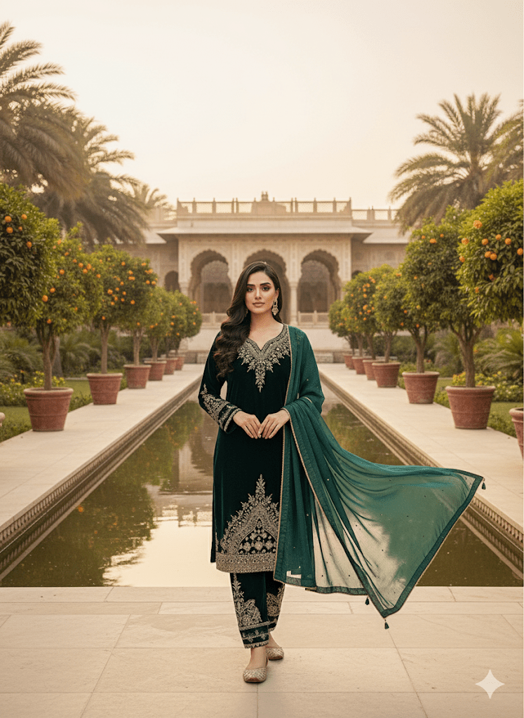 • Clothing: Embroidered/Printed suit for women - Made of best quality fabric - lawn or linen or chiffon - pure silk - Available at Najma Designs & Co. • Jewelry: Gold - plated stud earrings for