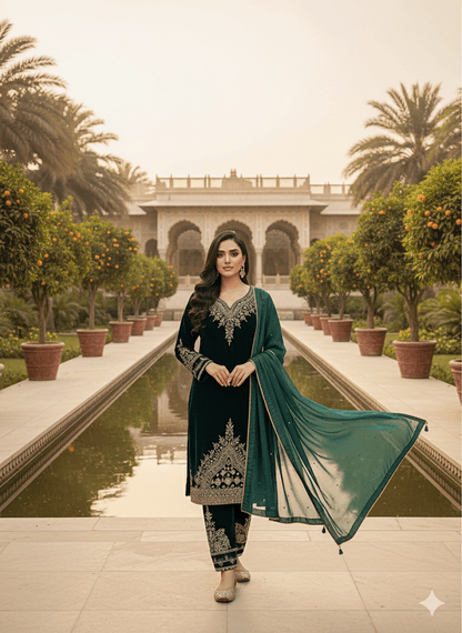 • Clothing: Embroidered/Printed suit for women - Made of best quality fabric - lawn or linen or chiffon - pure silk - Available at Najma Designs & Co. • Jewelry: Gold - plated stud earrings for