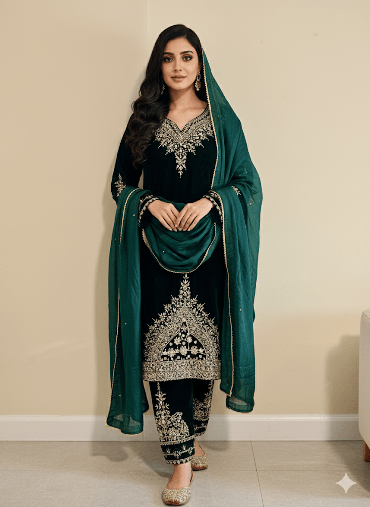 • Clothing: Embroidered/Printed suit for women - Made of best quality fabric - lawn or linen or chiffon - pure silk - Available at Najma Designs & Co. • Jewelry: Gold - plated stud earrings for