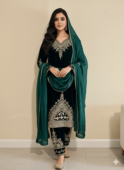 • Clothing: Embroidered/Printed suit for women - Made of best quality fabric - lawn or linen or chiffon - pure silk - Available at Najma Designs & Co. • Jewelry: Gold - plated stud earrings for