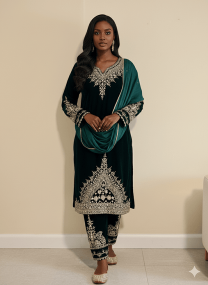 • Clothing: Embroidered/Printed suit for women - Made of best quality fabric - lawn or linen or chiffon - pure silk - Available at Najma Designs & Co. • Jewelry: Gold - plated stud earrings for