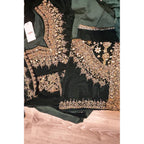 Stunning 3-Piece Pure Poison Green Velvet Suit – Handcrafted with Dabka, Naqshi, Sequins & Crystals – Embellished Organza Dupatta & Raw Silk Trousers for a Luxurious Look