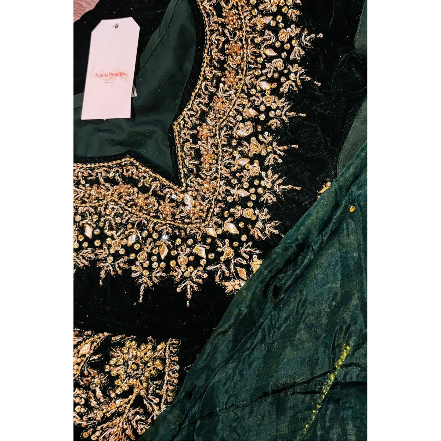 Stunning 3-Piece Pure Poison Green Velvet Suit – Handcrafted with Dabka, Naqshi, Sequins & Crystals – Embellished Organza Dupatta & Raw Silk Trousers for a Luxurious Look