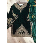 Stunning 3-Piece Pure Poison Green Velvet Suit – Handcrafted with Dabka, Naqshi, Sequins & Crystals – Embellished Organza Dupatta & Raw Silk Trousers for a Luxurious Look
