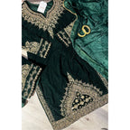 Stunning 3-Piece Pure Poison Green Velvet Suit – Handcrafted with Dabka, Naqshi, Sequins & Crystals – Embellished Organza Dupatta & Raw Silk Trousers for a Luxurious Look