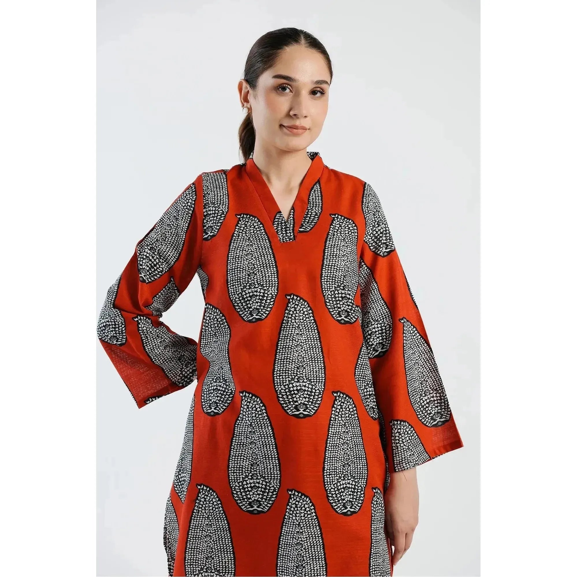 ETHC Red Two-Piece Artistic Ensemble with Monochromatic Print, Slub Khaddar Fabric, Trendy Ban V Collar, Slouchy Fit Trouser, Chic and Sophisticated Design, Stitched and Ready to Wear