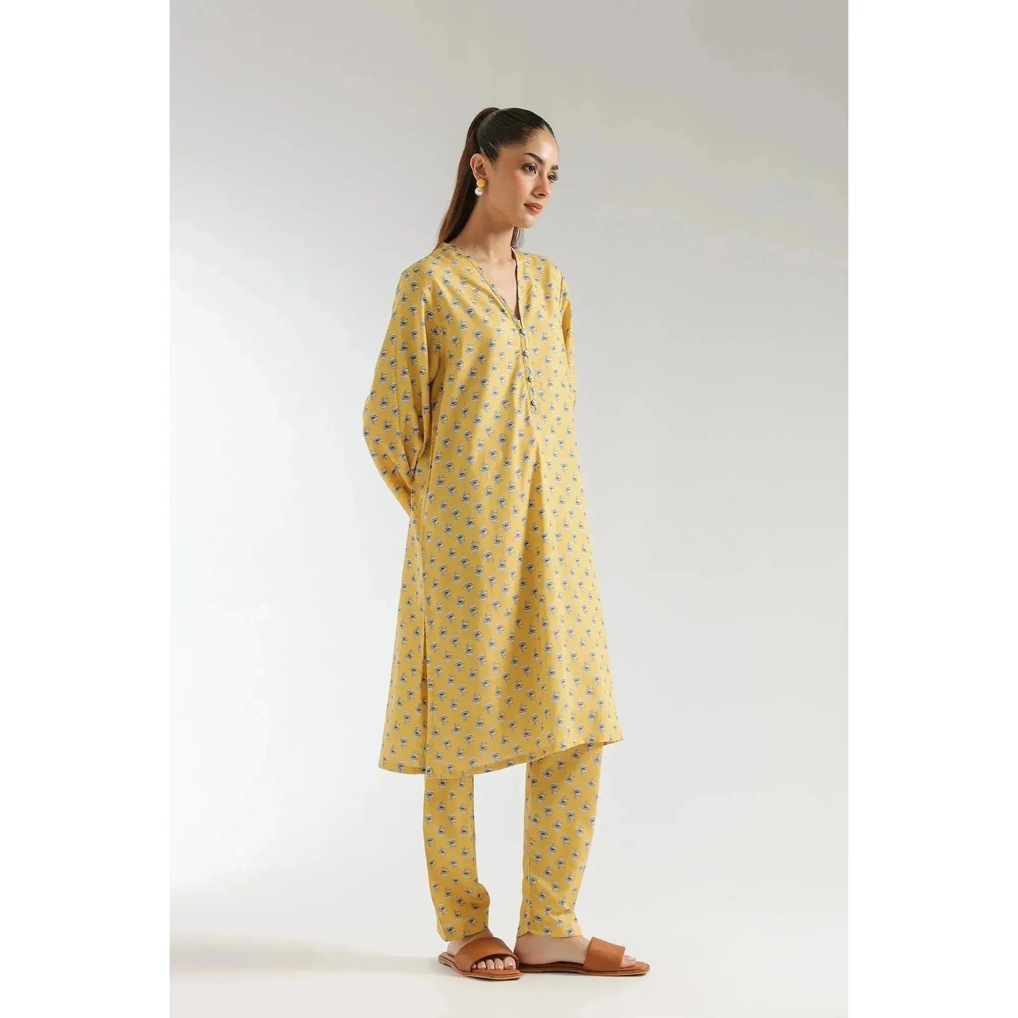 ETHC Yellow Beige Two-Piece Artistic Ensemble with Vibrant Print, Viscose Cotton Slub Fabric, Trendy Front Add-Ons, Chic Shirt & Contemporary Trouser, Stitched and Ready to Wear