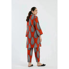 ETHC Red Two-Piece Artistic Ensemble with Monochromatic Print, Slub Khaddar Fabric, Trendy Ban V Collar, Slouchy Fit Trouser, Chic and Sophisticated Design, Stitched and Ready to Wear