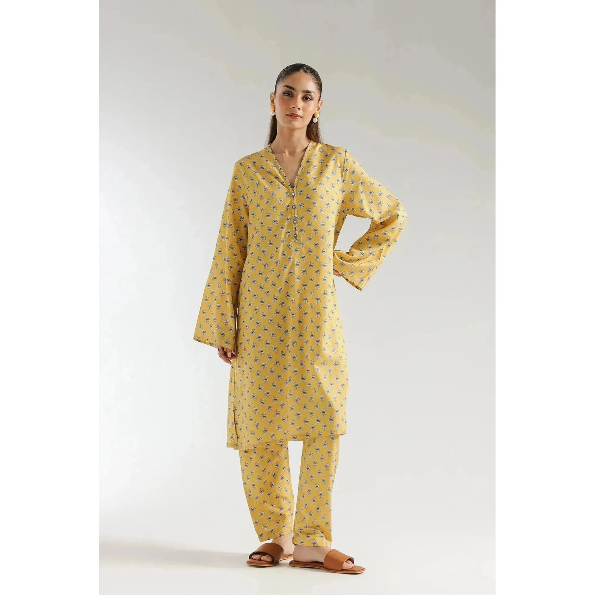 ETHC Yellow Beige Two-Piece Artistic Ensemble with Vibrant Print, Viscose Cotton Slub Fabric, Trendy Front Add-Ons, Chic Shirt & Contemporary Trouser, Stitched and Ready to Wear