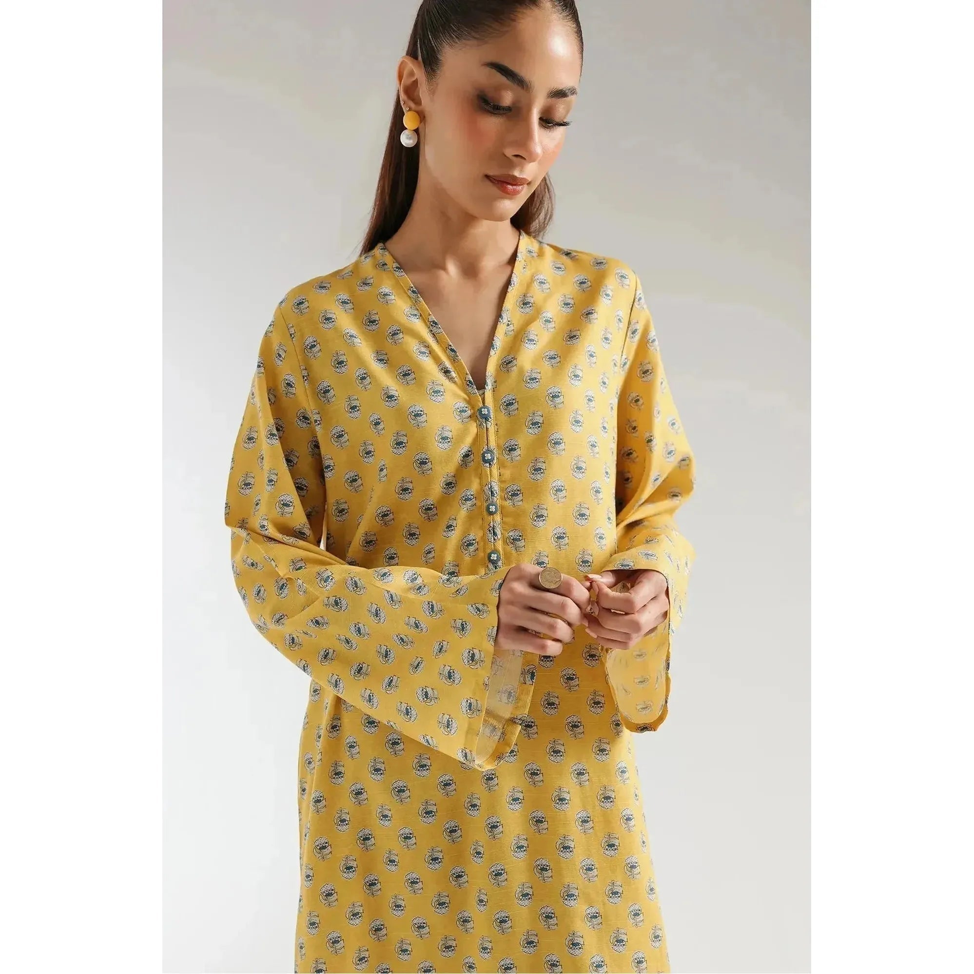 ETHC Yellow Beige Two-Piece Artistic Ensemble with Vibrant Print, Viscose Cotton Slub Fabric, Trendy Front Add-Ons, Chic Shirt & Contemporary Trouser, Stitched and Ready to Wear