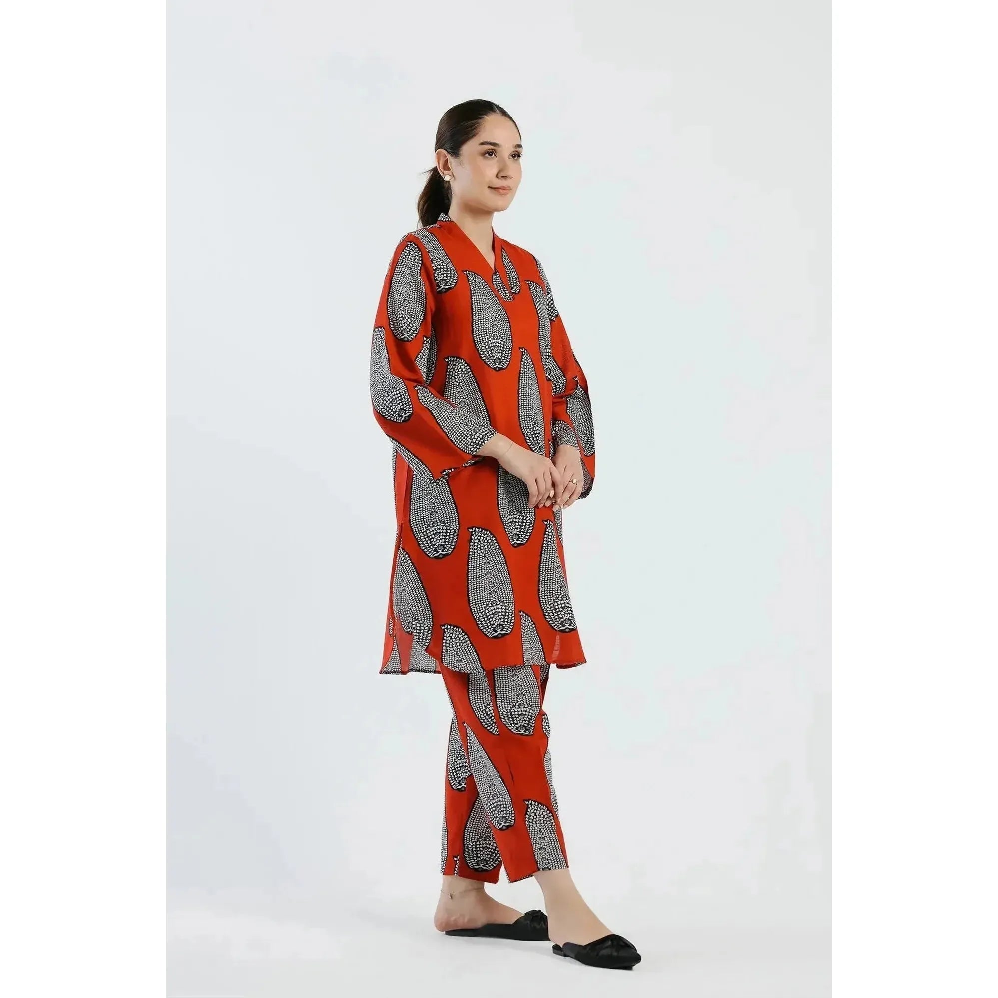 ETHC Red Two-Piece Artistic Ensemble with Monochromatic Print, Slub Khaddar Fabric, Trendy Ban V Collar, Slouchy Fit Trouser, Chic and Sophisticated Design, Stitched and Ready to Wear