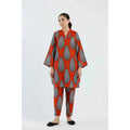 ETHC Red Two-Piece Artistic Ensemble with Monochromatic Print, Slub Khaddar Fabric, Trendy Ban V Collar, Slouchy Fit Trouser, Chic and Sophisticated Design, Stitched and Ready to Wear