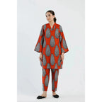 ETHC Red Two-Piece Artistic Ensemble with Monochromatic Print, Slub Khaddar Fabric, Trendy Ban V Collar, Slouchy Fit Trouser, Chic and Sophisticated Design, Stitched and Ready to Wear