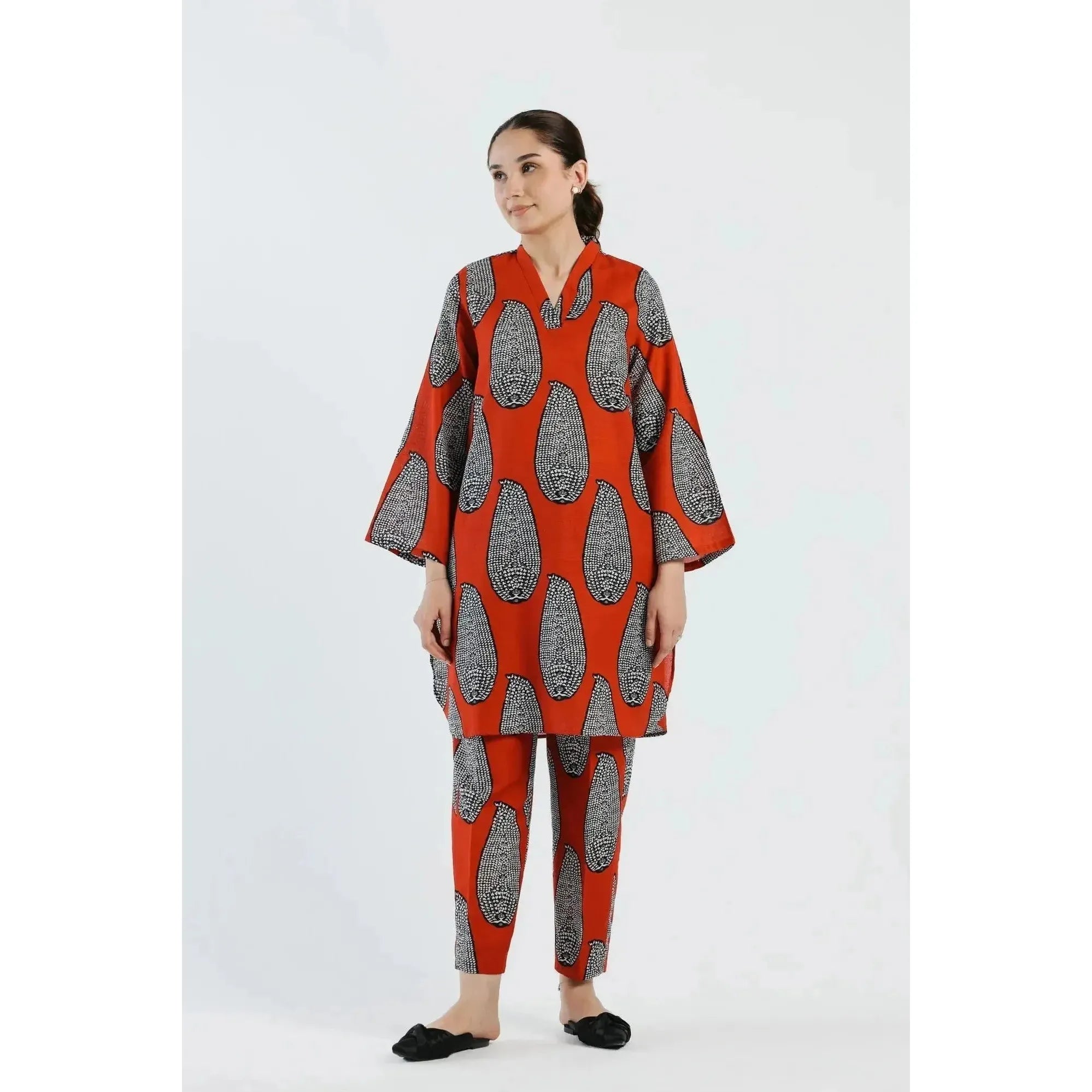 ETHC Red Two-Piece Artistic Ensemble with Monochromatic Print, Slub Khaddar Fabric, Trendy Ban V Collar, Slouchy Fit Trouser, Chic and Sophisticated Design, Stitched and Ready to Wear