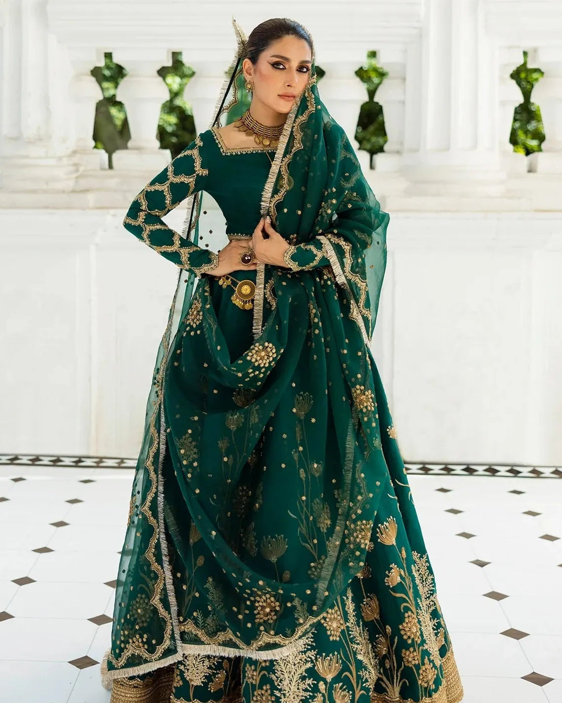 • Clothing: Embroidered/Printed suit for women - Made of best quality fabric - lawn or linen or chiffon - pure silk - Available at Najma Designs & Co. • Jewelry: Gold - plated stud earrings for