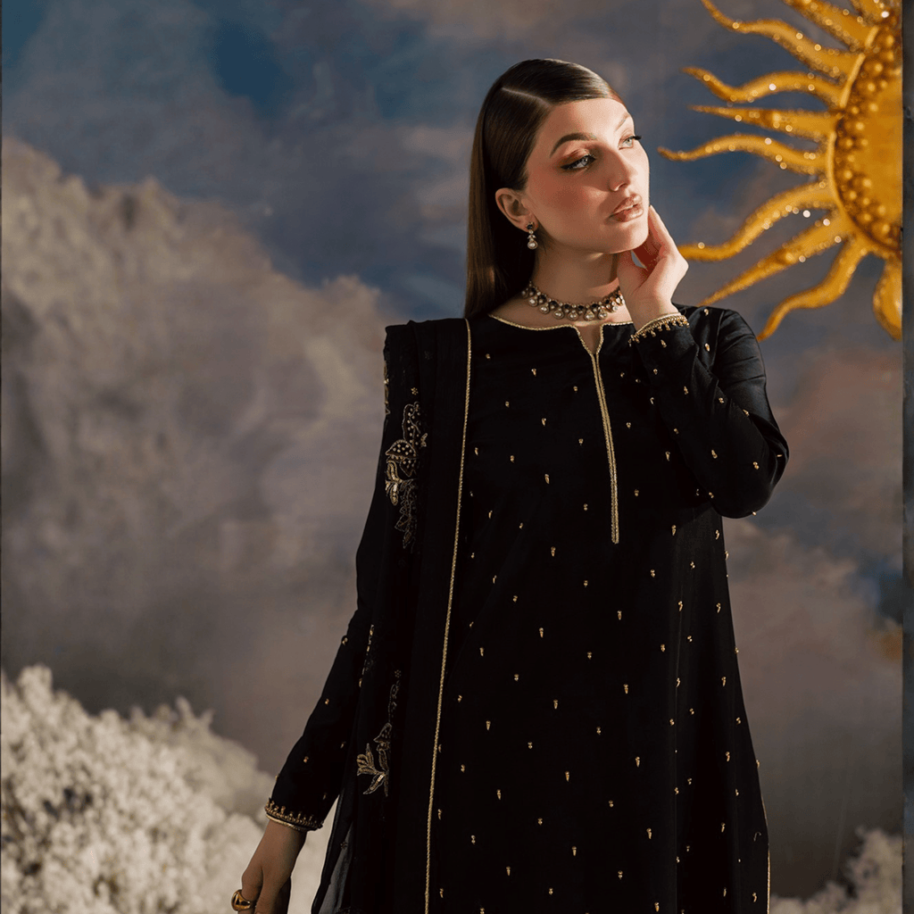 • Clothing: Embroidered/Printed suit for women - Made of best quality fabric - lawn or linen or chiffon - pure silk - Available at Najma Designs & Co. • Jewelry: Gold - plated stud earrings for