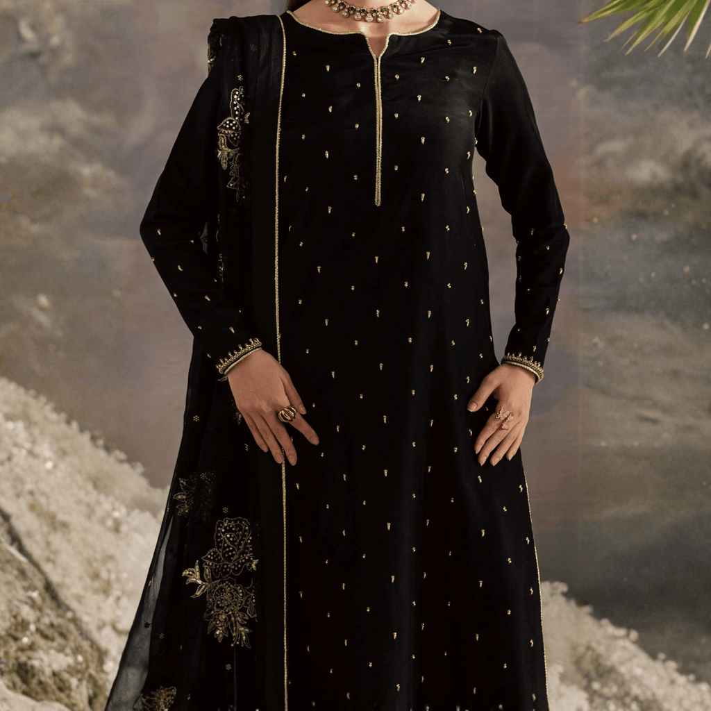 • Clothing: Embroidered/Printed suit for women - Made of best quality fabric - lawn or linen or chiffon - pure silk - Available at Najma Designs & Co. • Jewelry: Gold - plated stud earrings for
