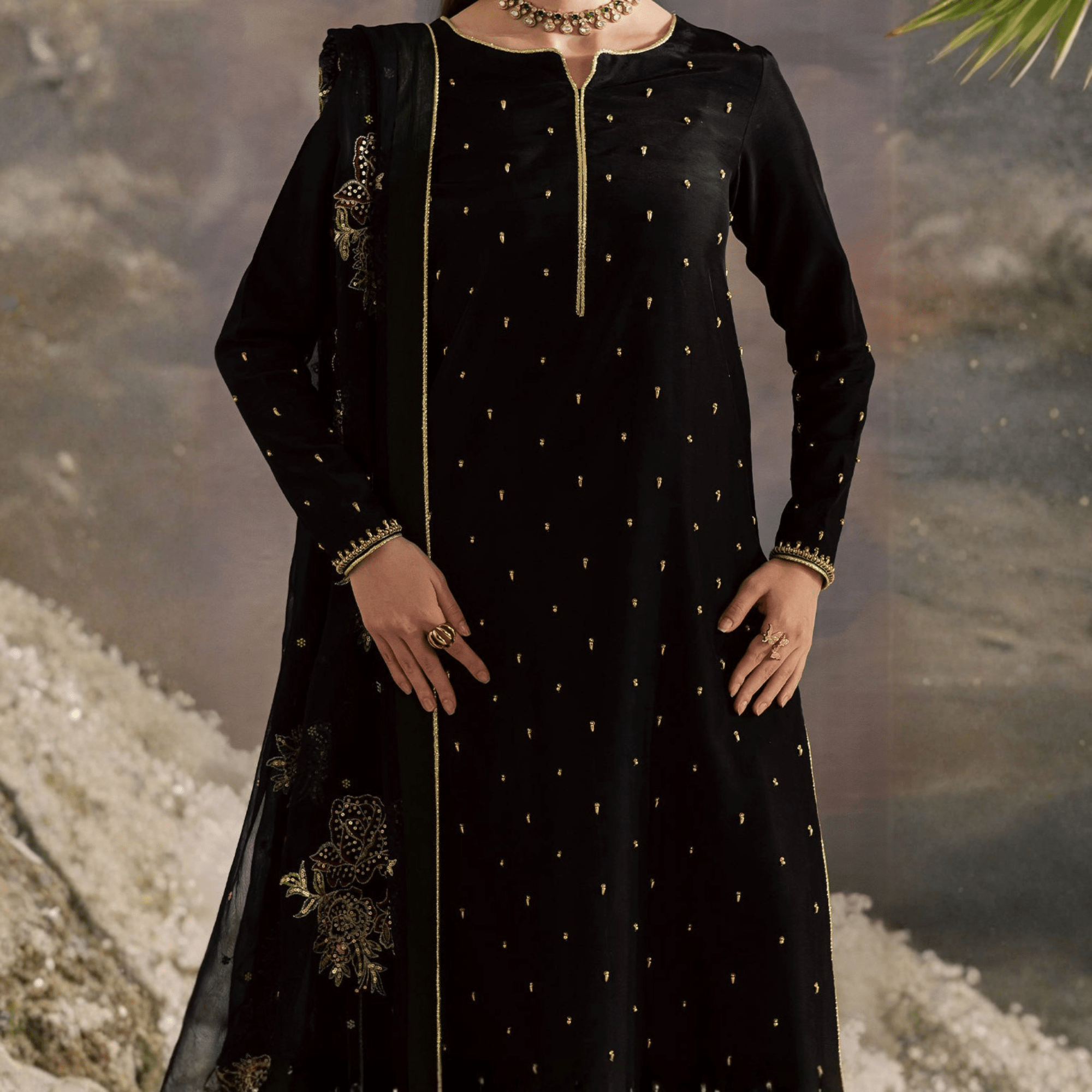 • Clothing: Embroidered/Printed suit for women - Made of best quality fabric - lawn or linen or chiffon - pure silk - Available at Najma Designs & Co. • Jewelry: Gold - plated stud earrings for