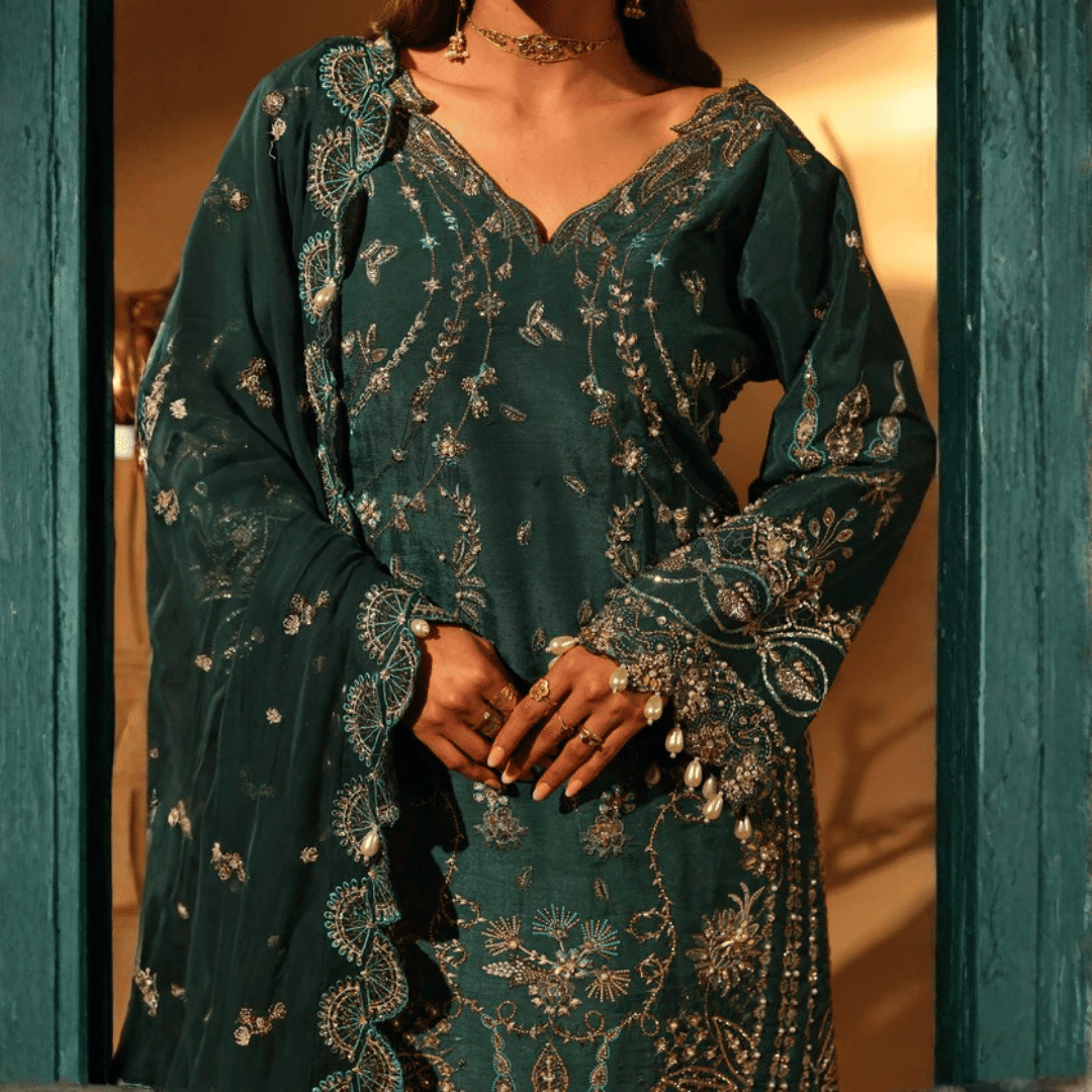 • Clothing: Embroidered/Printed suit for women - Made of best quality fabric - lawn or linen or chiffon - pure silk - Available at Najma Designs & Co. • Jewelry: Gold - plated stud earrings for