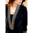 Timeless Black Velvet Embroidered Shirt & Dyed Trouser Suit by Gul Ahmed – Exquisite Velvet Shirt with Raw Silk Straight Pants for a Sophisticated Look
