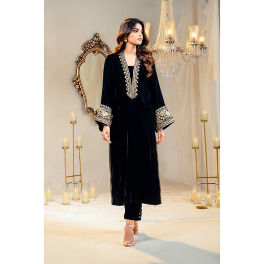 Timeless Black Velvet Embroidered Shirt & Dyed Trouser Suit by Gul Ahmed – Exquisite Velvet Shirt with Raw Silk Straight Pants for a Sophisticated Look
