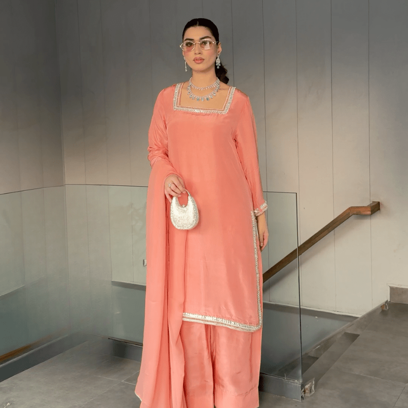 • Clothing: Embroidered/Printed suit for women - Made of best quality fabric - lawn or linen or chiffon - pure silk - Available at Najma Designs & Co. • Jewelry: Gold - plated stud earrings for