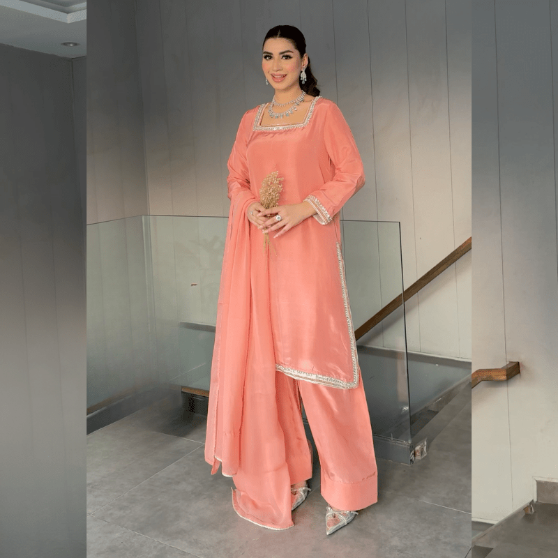 • Clothing: Embroidered/Printed suit for women - Made of best quality fabric - lawn or linen or chiffon - pure silk - Available at Najma Designs & Co. • Jewelry: Gold - plated stud earrings for