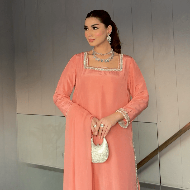 • Clothing: Embroidered/Printed suit for women - Made of best quality fabric - lawn or linen or chiffon - pure silk - Available at Najma Designs & Co. • Jewelry: Gold - plated stud earrings for