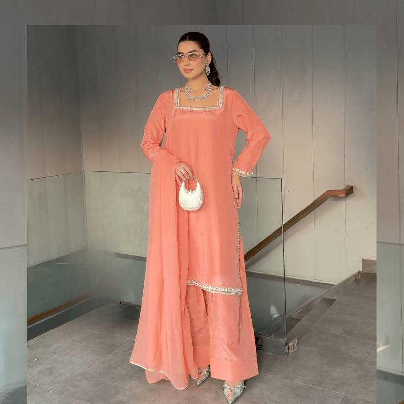 • Clothing: Embroidered/Printed suit for women - Made of best quality fabric - lawn or linen or chiffon - pure silk - Available at Najma Designs & Co. • Jewelry: Gold - plated stud earrings for