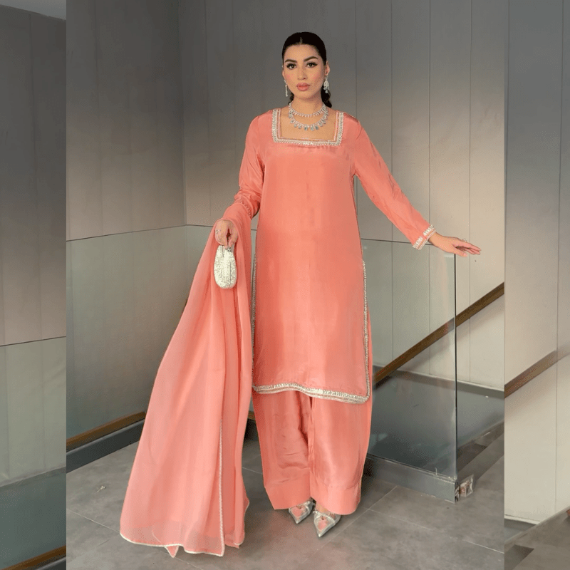 • Clothing: Embroidered/Printed suit for women - Made of best quality fabric - lawn or linen or chiffon - pure silk - Available at Najma Designs & Co. • Jewelry: Gold - plated stud earrings for