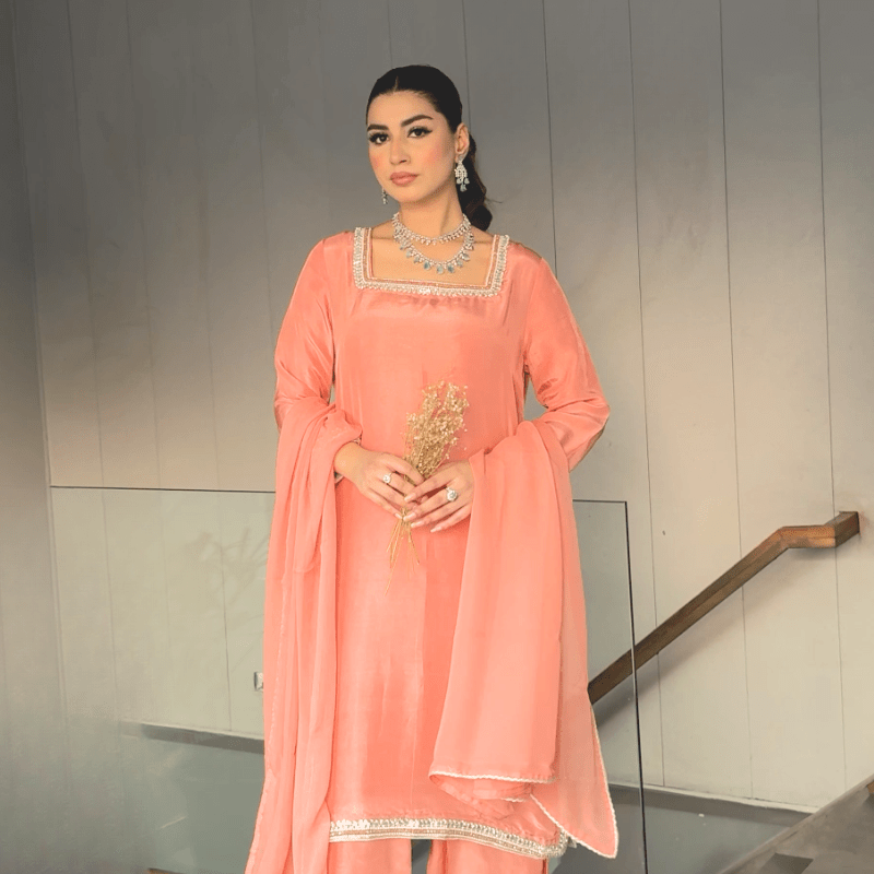 • Clothing: Embroidered/Printed suit for women - Made of best quality fabric - lawn or linen or chiffon - pure silk - Available at Najma Designs & Co. • Jewelry: Gold - plated stud earrings for