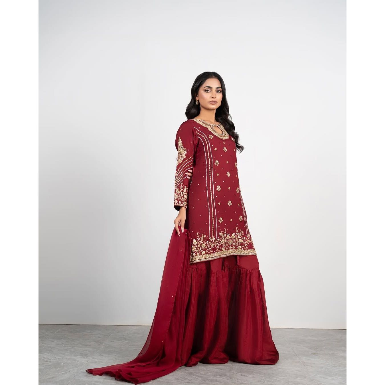 • Clothing: Embroidered/Printed suit for women - Made of best quality fabric - lawn or linen or chiffon - pure silk - Available at Najma Designs & Co. • Jewelry: Gold - plated stud earrings for