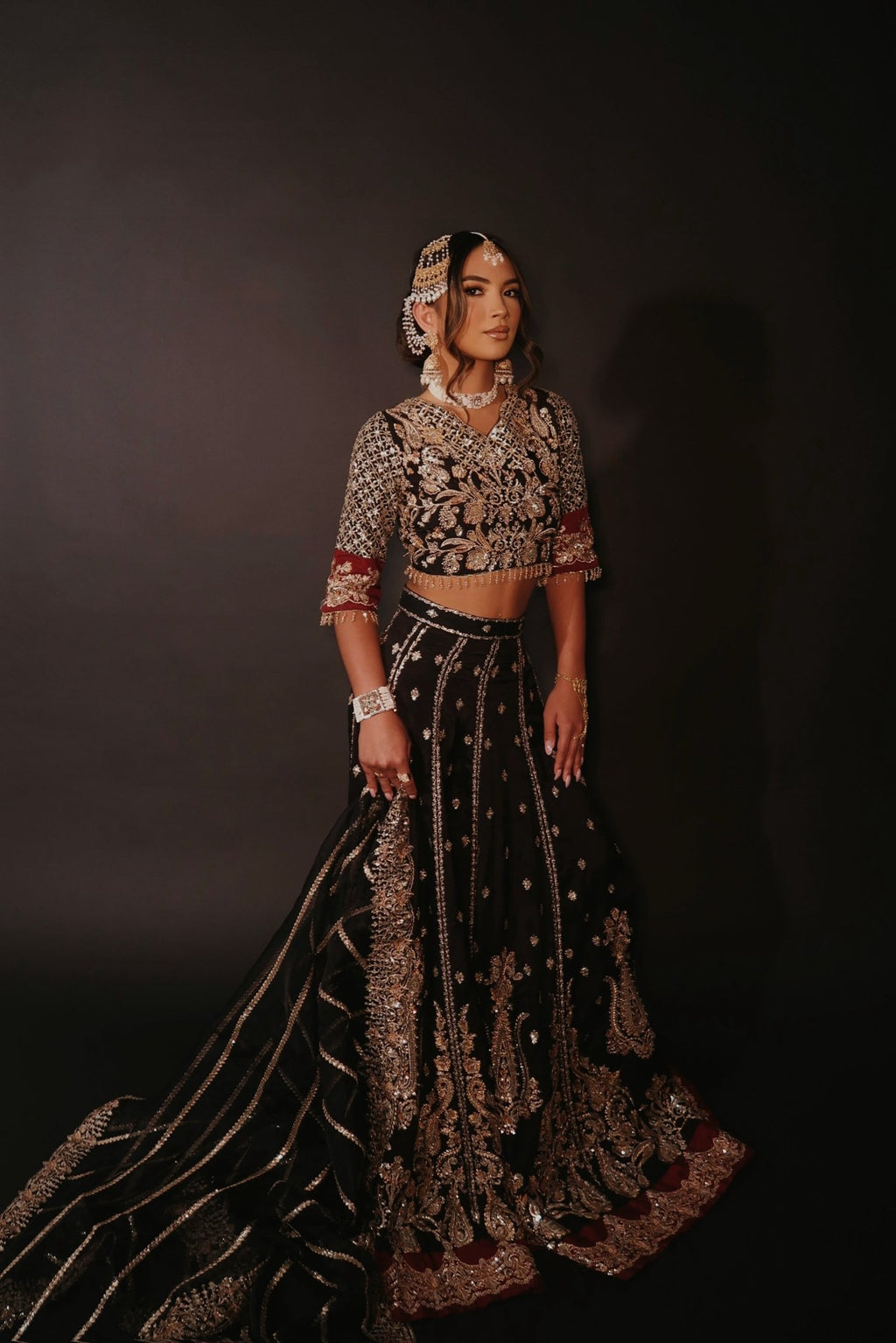 • Clothing: Embroidered/Printed suit for women - Made of best quality fabric - lawn or linen or chiffon- pure silk - Available at Najma Designs & Co. • Jewelry: Gold-plated stud earrings for