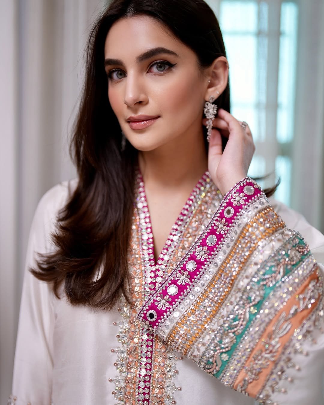 • Clothing: Embroidered/Printed suit for women - Made of best quality fabric - lawn or linen or chiffon - pure silk - Available at Najma Designs & Co. • Jewelry: Gold - plated stud earrings for