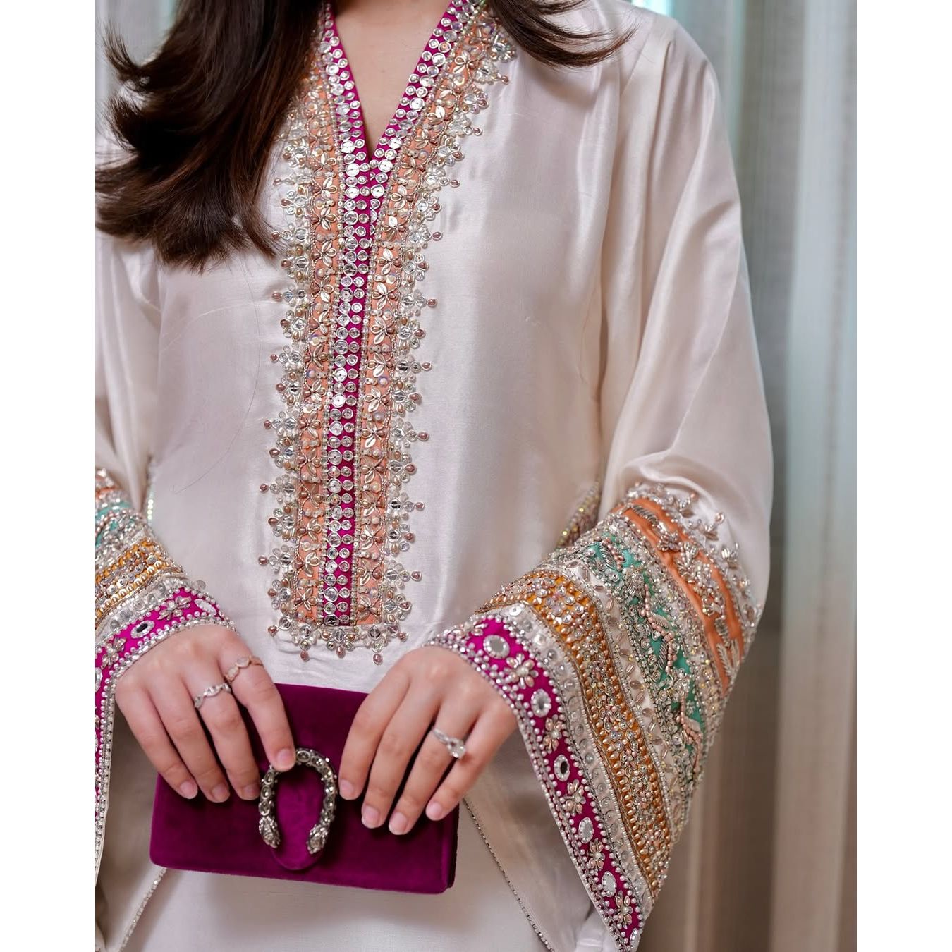 • Clothing: Embroidered/Printed suit for women - Made of best quality fabric - lawn or linen or chiffon - pure silk - Available at Najma Designs & Co. • Jewelry: Gold - plated stud earrings for