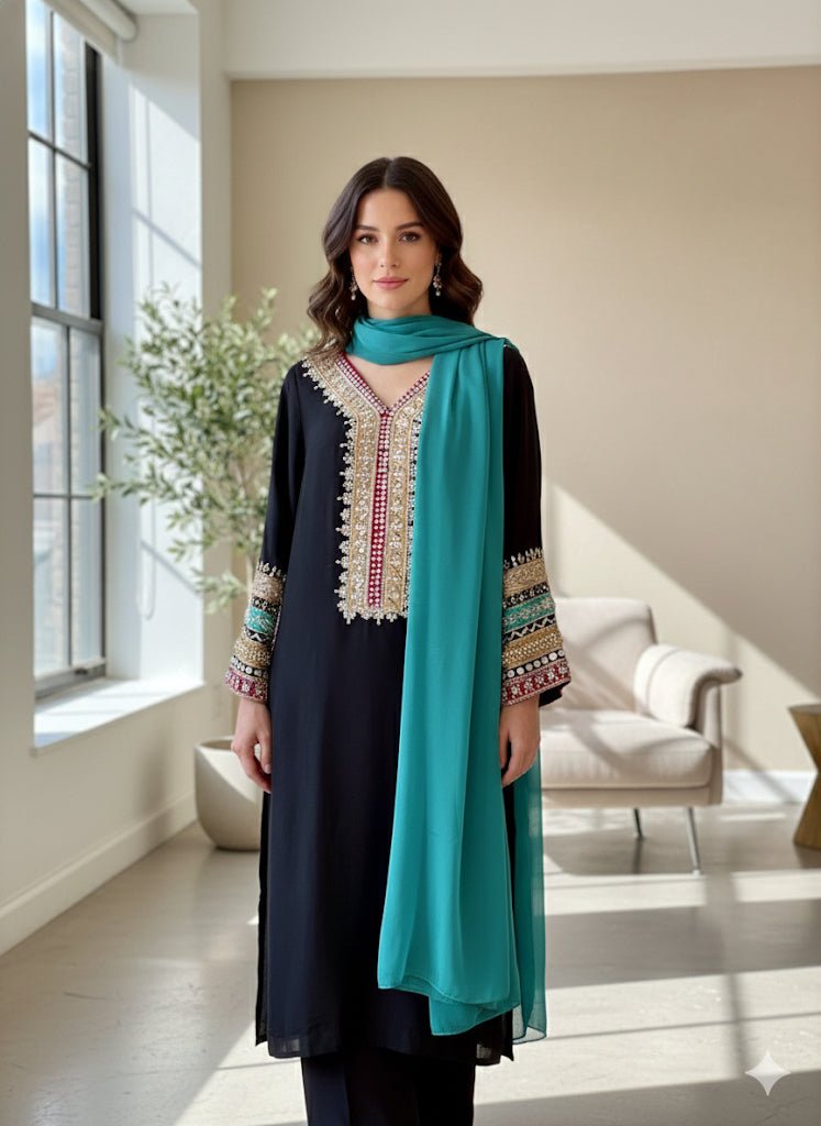 • Clothing: Embroidered/Printed suit for women - Made of best quality fabric - lawn or linen or chiffon - pure silk - Available at Najma Designs & Co. • Jewelry: Gold - plated stud earrings for