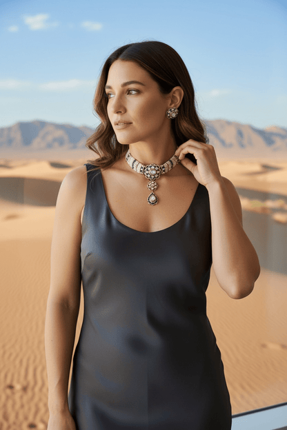 • Clothing: Embroidered/Printed suit for women - Made of best quality fabric - lawn or linen or chiffon - pure silk - Available at Najma Designs & Co. • Jewelry: Gold - plated stud earrings for